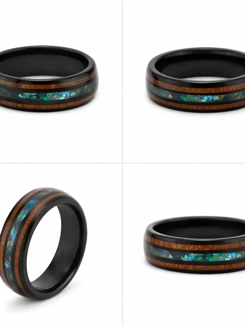 Size 11 Black Stainless Steel Wedding Ring with Wood Grain & Iridescent Inlay